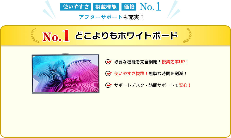 使いやすさ・搭載機能。価格No.1 アフターアポートも充実！No.1どこよりもホワイトボード 必要な機能を完全網羅！授業効率UP!使いやすさ抜群！無駄な時間を削減！サポートデスク・訪問サポートで安心！
