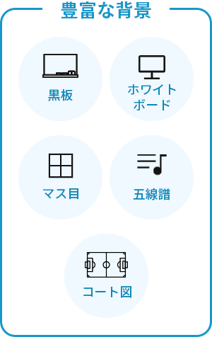豊富な背景：黒板、ホワイトボード、マス目、五線譜、コート図